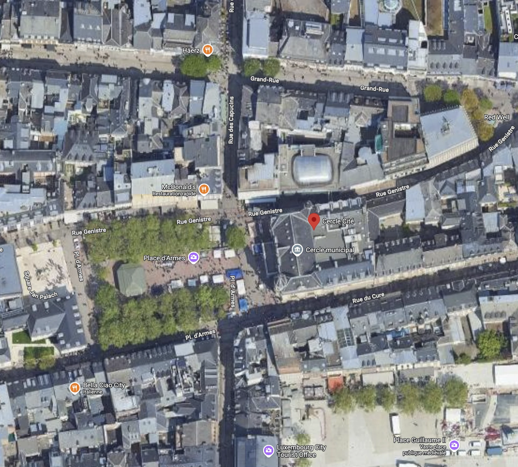 Vue aérienne du Cercle Cité, entre la rue Genistre et la place d’Armes